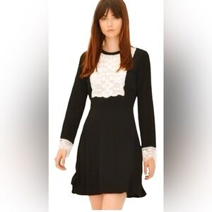 Sandro Lace Bibbed Modest Conservative dress in Black & Cream colors Size Small